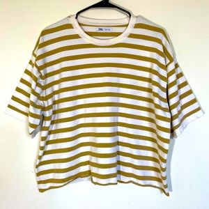 Zara Top Cropped Shirt Oversized Tee thick white tan striped Women’s size XL
